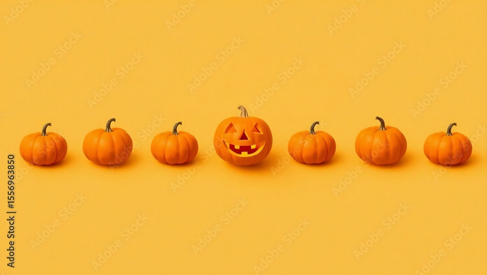 A line of pumpkins with one carved jack o lantern in the center A line of pumpkins with one carved jack o lantern in the center