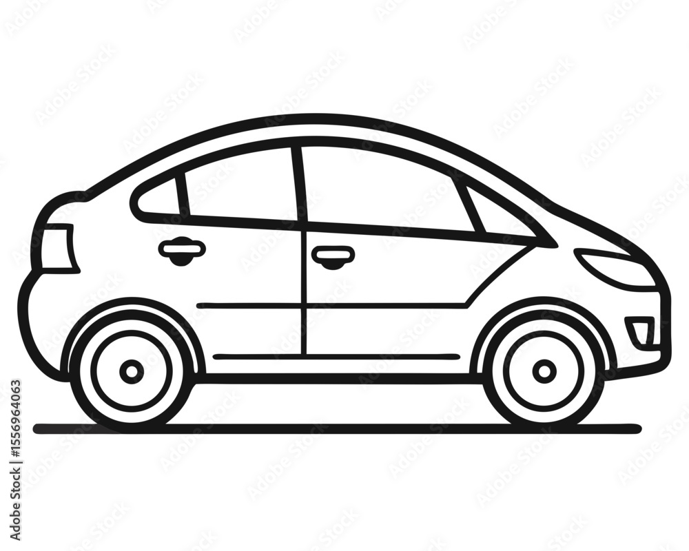 Fototapeta premium Simple black and white line drawing of a modern hatchback car from the side