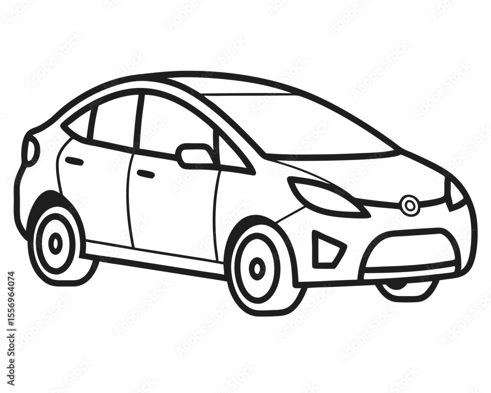 Simple black and white line drawing of a modern compact car viewed from the side Simple black and white line drawing of a modern compact car viewed from the side