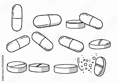 Black and white sketch illustration of various pills and capsules representing medicine and healthcare.