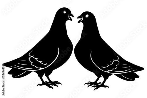Two black pigeons facing each other with open beaks and detailed wings