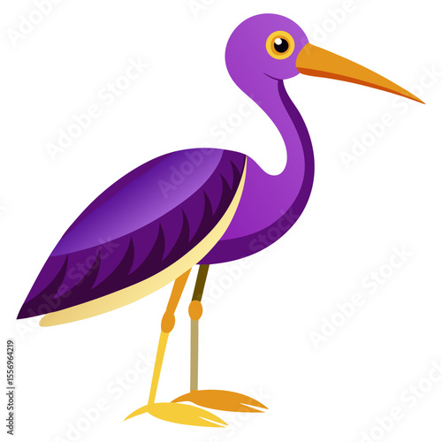 A stylized cartoon purple heron with a long orange beak and yellow legs