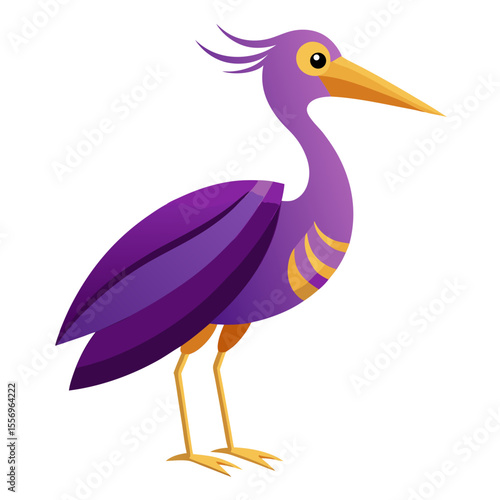 Stylized cartoon purple heron bird with yellow beak and legs on white background