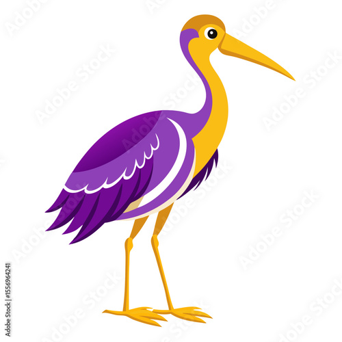 Stylized cartoon bird with purple and yellow plumage standing on white background