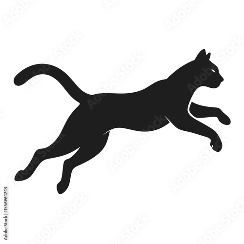 Graceful black cat silhouette captured mid leap against a clean white background