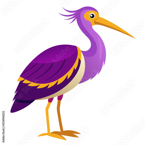 Stylized cartoon purple heron bird with yellow beak and legs standing