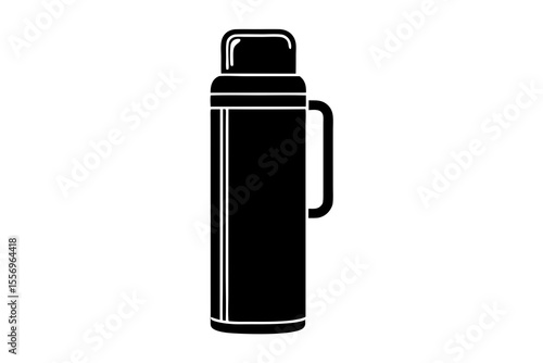 Simple black silhouette of a classic thermos flask with a handle and cap