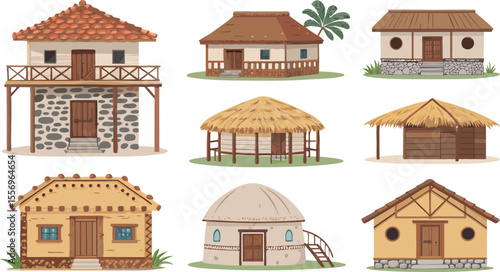 Colorful flat Icon Set of Cultural and Regional Building Styles Adobe, Stilt, Thatched, and Clay Architecture Icons in Minimal Style on White Background.