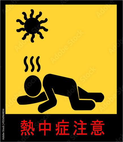 熱中症予防と症状を伝える黄色背景の注意喚起ピクトグラムセット｜熱中症,予防,ピクトグラム