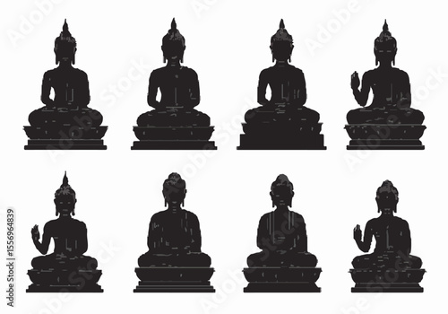 Collection of Black Buddha Silhouettes in Various Seated Meditation Poses on a White Background