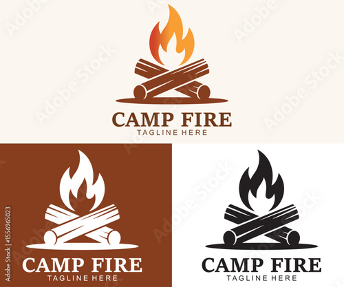 Campfire Logo Vector Set – Bonfire Flame and Logs Icon for Outdoor Branding