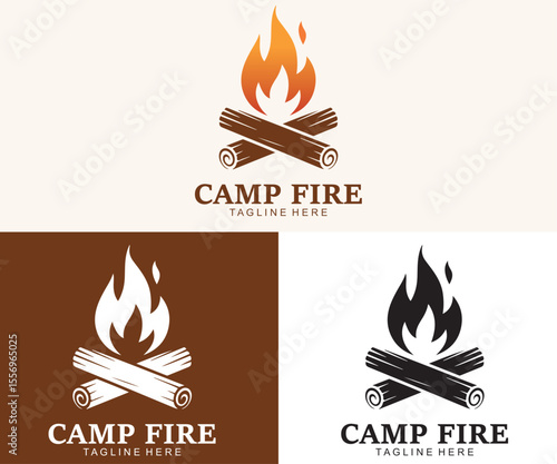 Campfire Logo Vector Set – Bonfire Flame and Logs Icon for Outdoor Branding