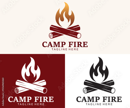 Campfire Logo Vector Set – Bonfire Flame and Logs Icon for Outdoor Branding