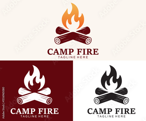 Campfire Logo Vector Set – Bonfire Flame and Logs Icon for Outdoor Branding