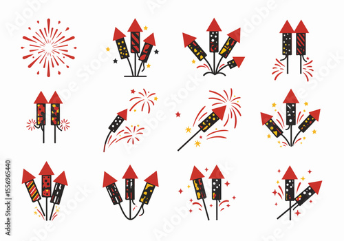 Set of cartoon firework and firecracker icons for celebration, New Year, and holiday party decoration