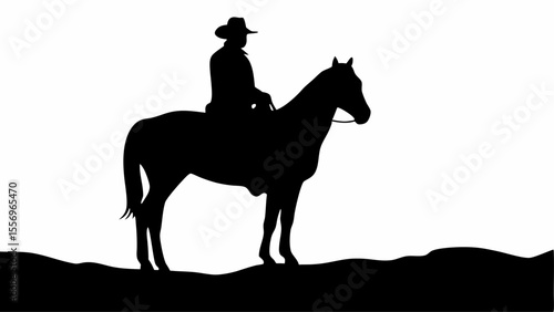 Silhouette of a cowboy riding a horse on a hill against a white background in a simple illustration