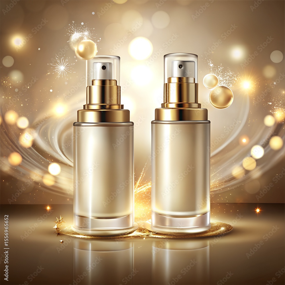 Luxurious Golden Skincare Bottles with Shimmering Light Luxurious Golden Skincare Bottles with Shimmering Light