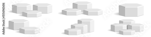 Hexagon podium stage pedestal and platform scene, a modern geometric display composition. Ideal for product showcases, awards presentations, digital promotions, and abstract architectural concepts.