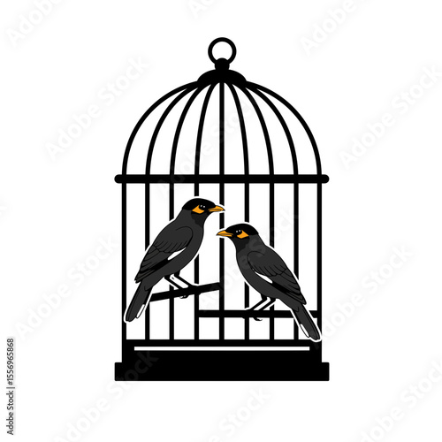 Two black birds perched inside a black birdcage silhouette