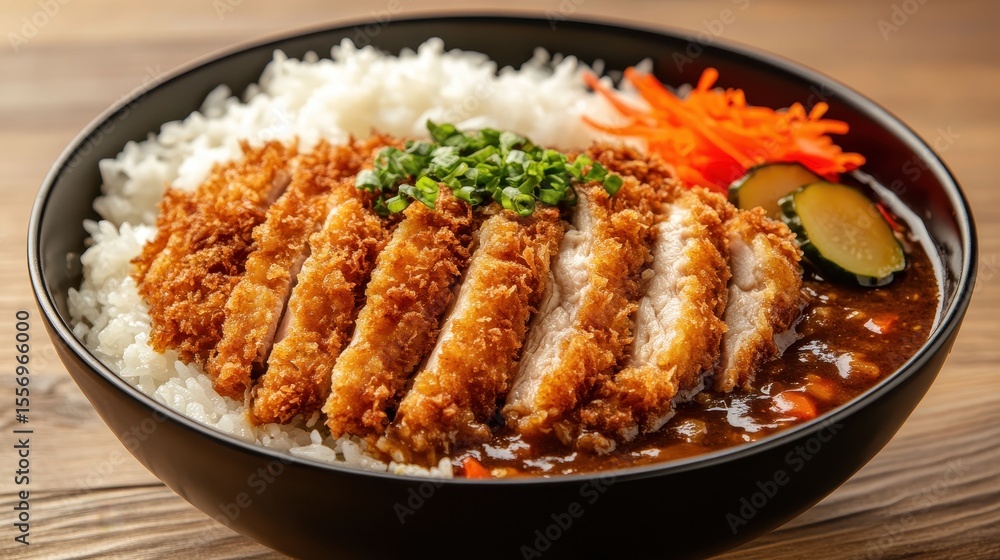 Crispy Chicken Cutlet on Rice with Sauce and Vegetables in Bowl Crispy Chicken Cutlet on Rice with Sauce and Vegetables in Bowl