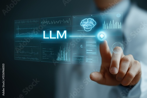 A doctor using an LLM-powered system for medical diagnosis, a concept of a Large Language Model in healthcare, analyzing patient data to assist in diagnostics and treatment planning.