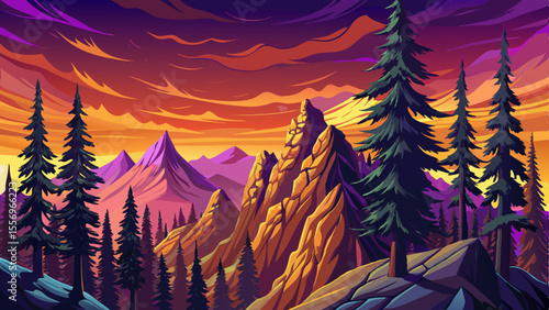 Serene landscape of volcanic mountain glowing in morning light vector. Ideal for nature, travel, wilderness, and peaceful scenery themes