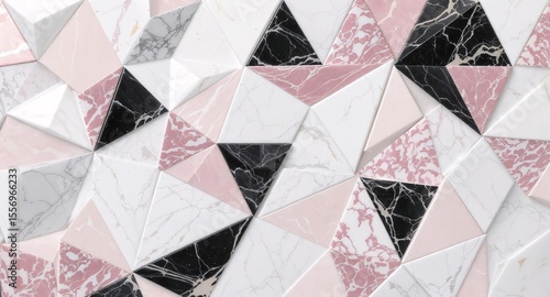 Geometric mosaic pattern featuring pink white and black marble texture tiles