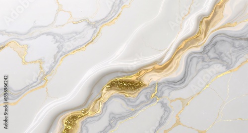 Elegant white marble texture with flowing golden veins and subtle glitter accents