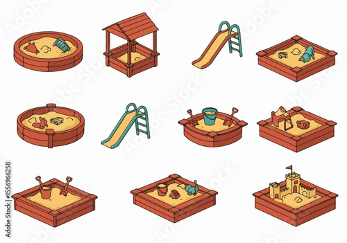 Isometric cartoon illustrations of various sandboxes, slides, and playground toys on a white background, perfect for children's themes and design projects.