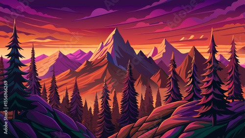 Serene landscape of volcanic mountain glowing in morning light vector. Ideal for nature, travel, wilderness, and peaceful scenery themes