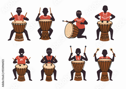 Stylized flat illustration of people playing African drums (djembe and talking drum).