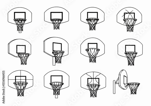 Collection of Twelve Different Basketball Hoop and Backboard Designs - Black and White Outline Illustrations