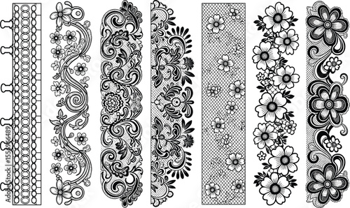 Floral lace border design, ornamental embroidery pattern, henna style decorative trim, seamless vintage vector, hand-drawn CAD sketch illustration