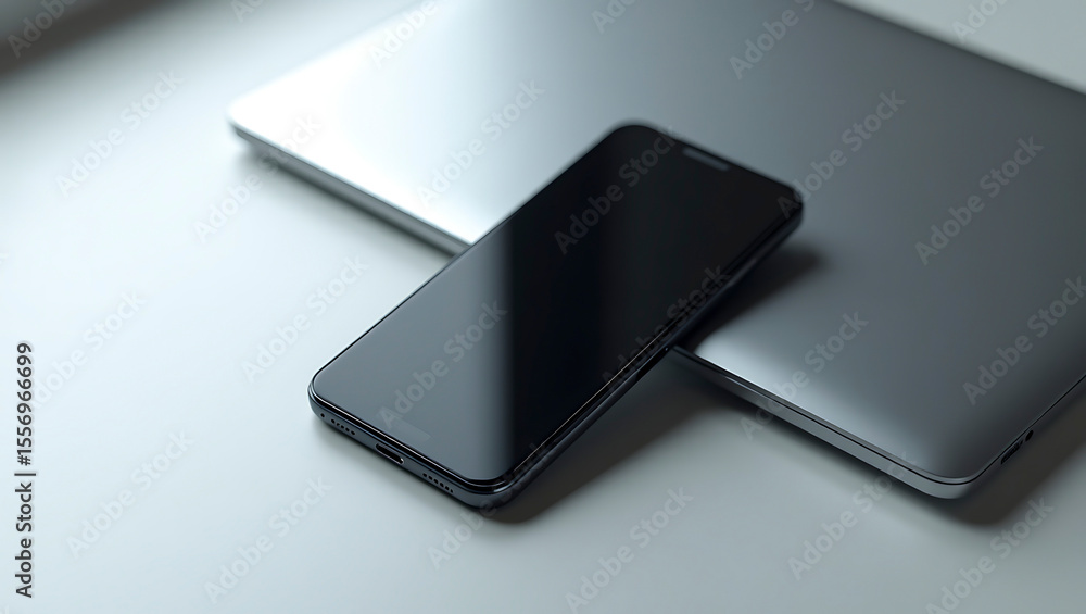 Mobile phone rests sleekly atop a closed silver laptop, embodying modern connectivity and digital lifestyle. Mobile phone rests sleekly atop a closed silver laptop, embodying modern connectivity and digital lifestyle.