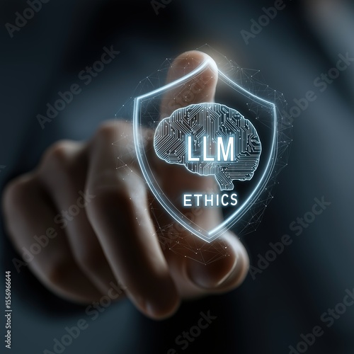 Hand touching a shield - shaped digital icon with brain - like circuit design, 