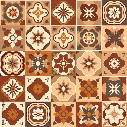 Brown and beige azulejo floral tiles creating beautiful seamless pattern, suitable for ceramic tile, wallpaper, linoleum, textile, web page background, wrapping paper