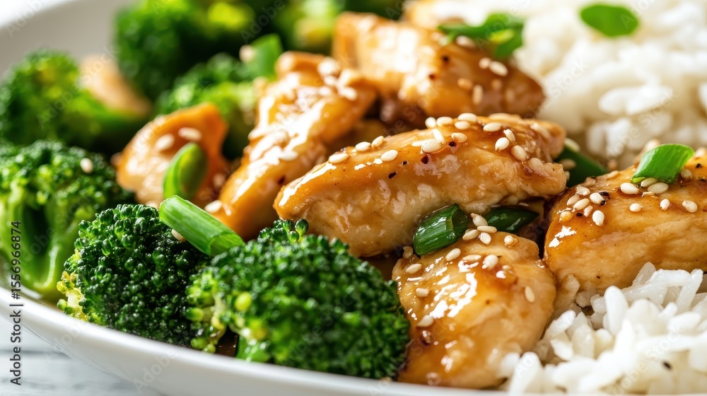 Fototapeta premium Delicious Chicken and Broccoli Stir-Fry with Rice on a Plate