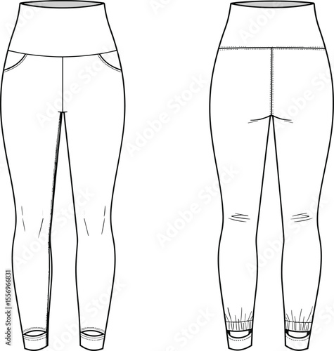 High waist stirrup leggings, front and back technical flat, vector CAD fashion sketch, activewear pants design, fitnesswear garment illustration