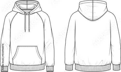Hoodie front and back flat sketch, technical fashion drawing, CAD template, pullover sweatshirt illustration, vector apparel design outline