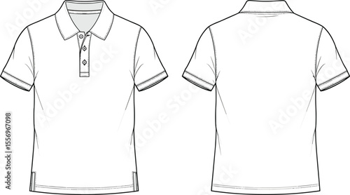 Polo shirt technical flat sketch with collar and buttons, front and back vector view for fashion design, apparel cad illustration