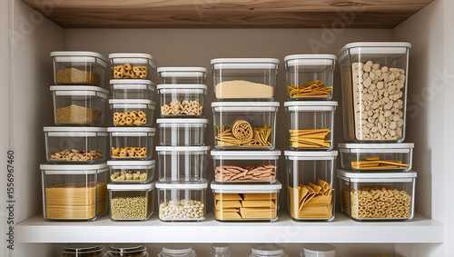 Organized pantry showcases clear storage containers filled with grains, pasta, beans, and assorted snacks for a neat kitchen.