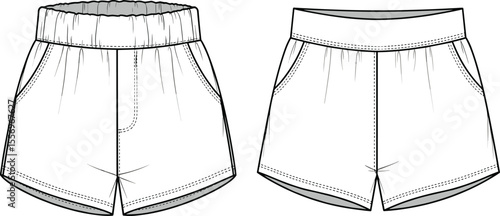 Women’s shorts front and back view technical sketch, fashion flat drawing, apparel design CAD vector, clothing template illustration