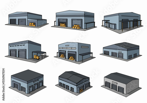 Collection of nine isometric cartoon illustrations of warehouses and factory buildings with loading docks and stacked boxes, isolated on white background.