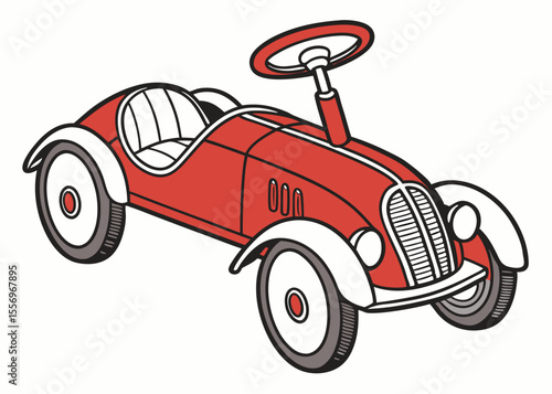 Vintage red pedal car toy for children, classic design, isolated on white background, vector illustration