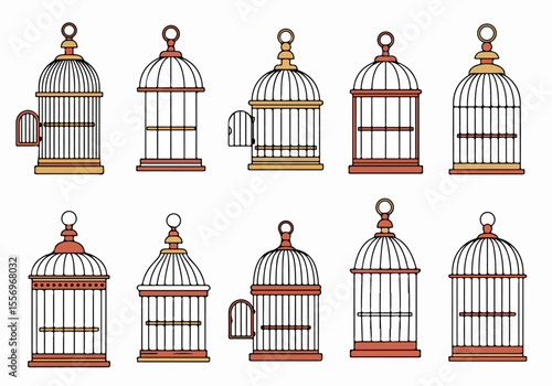 Vector set of bird cages in different shapes and styles, featuring line art and flat design elements on a white background.