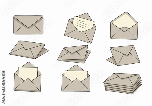 Set of Hand Drawn Style Illustrations of Envelopes in Different Positions and States