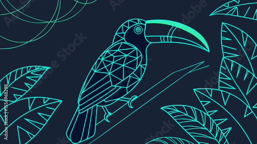 Geometric toucan on a branch with tropical leaves in a modern style, showcasing wildlife design
