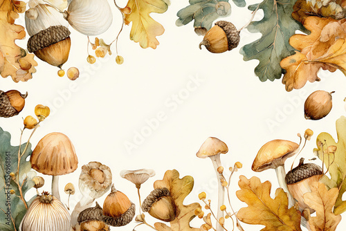 Watercolor autumn border with mushrooms, acorns, oak leaves, and forest foliage arranged around a blank center