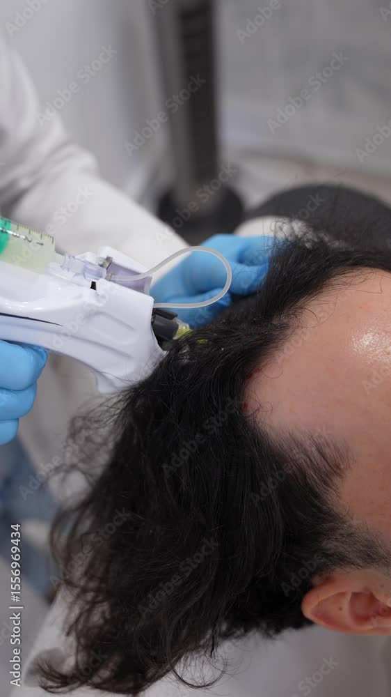Hair regeneration treatment showing a doctor injecting serum into a ...