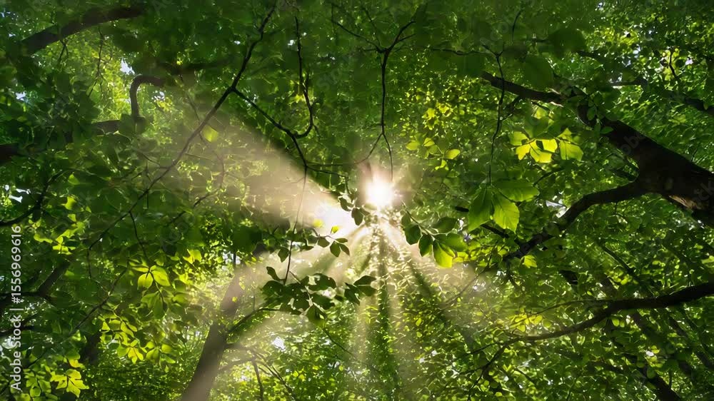 Bright Sun Shines Through Green Tree Canopy in a Lush Forest, Creating Sun Drenched Nature Atmosphere